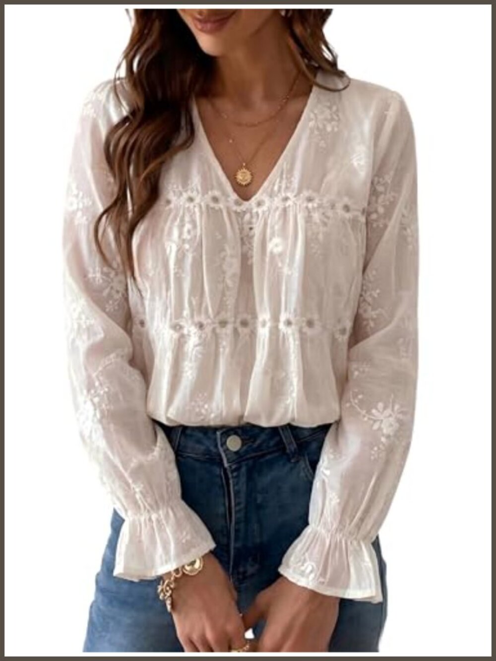 Lace Embroidered Puff 3/4 Sleeve V Neck Boho Cotton Blend Blouse